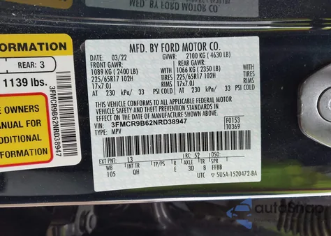 2022 Ford Bronco Sport Big Bend из США, поврежденный, VIN 3FMCR9B62NRD38947